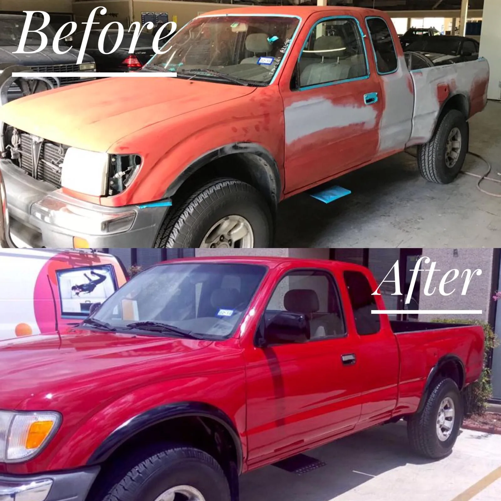 Before and after comparison of a red pickup truck, showing it with primer patches and missing headlight before, and fully painted glossy red after.
